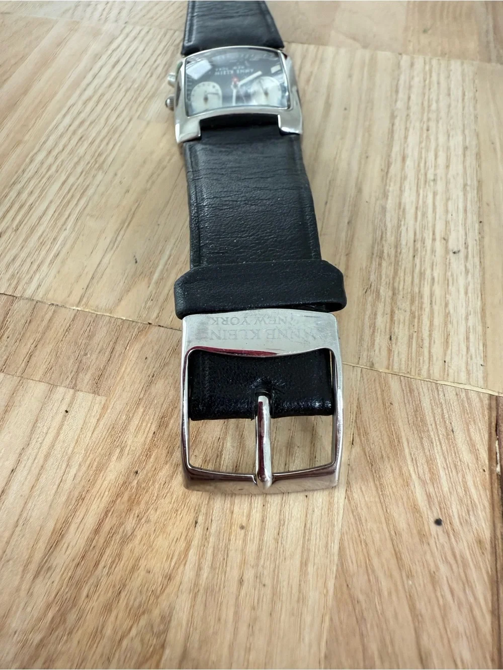 Anne Klein New York ladies black rectangular leather watch NEW BATTERY